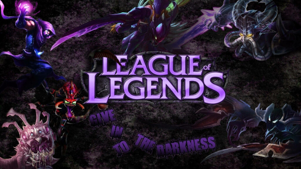 Purple Powerhouses: A Vibrant 3D League of Legends Background Showcasing Iconic Champions Behind the Logo Wallpaper