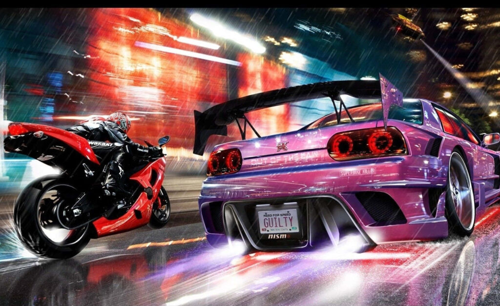 Purple sports car and red motorcycle racing on wet vibrant city street at night high speed action Wallpaper