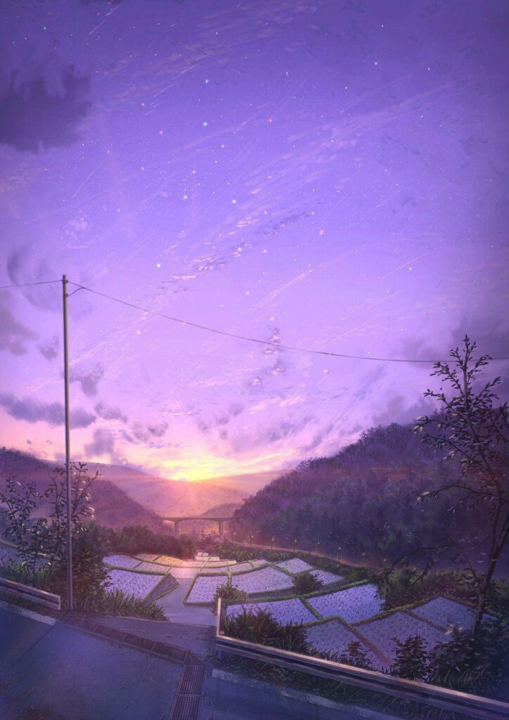 Twilight Serenity: Captivating Anime Scenery with the Majestic Sun Setting over a Countryside Rice Field, Painted in Enchanting Shades of Purple Wallpaper