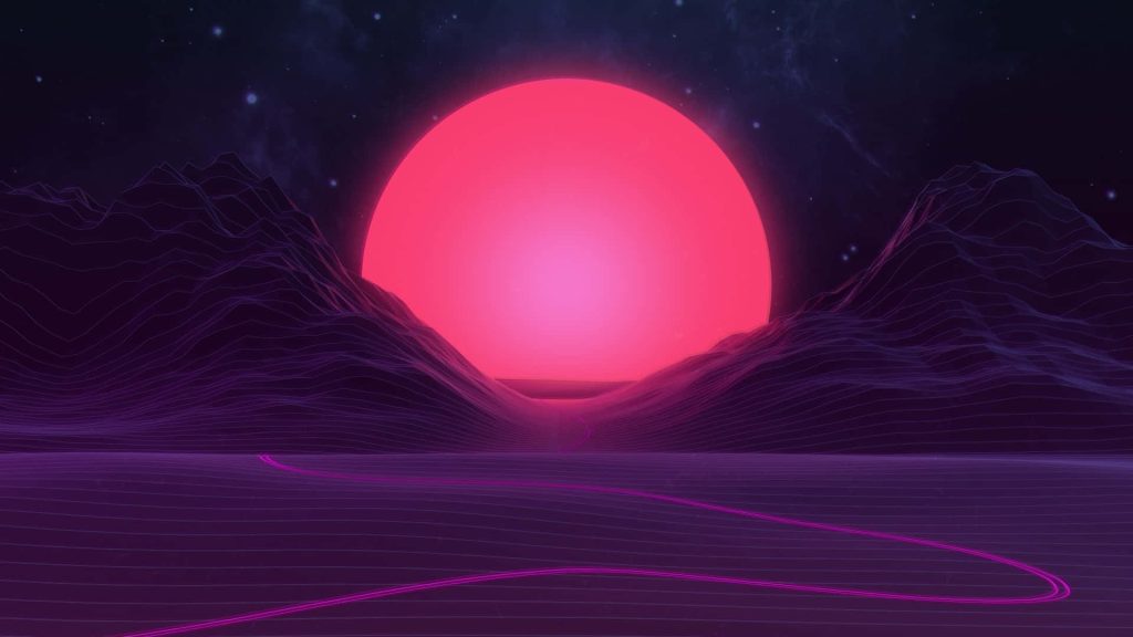 Purple synthwave wallpaper with glowing red sun over neon wireframe mountains at night