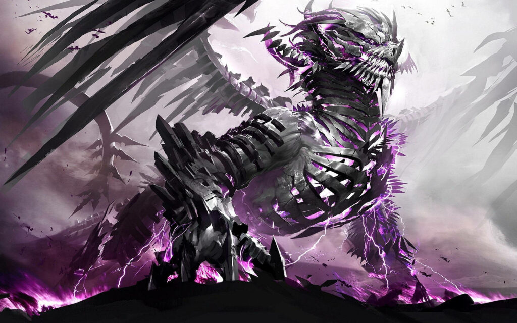 Dragon of Thunder: A Mesmerizing Metallic Beast Sculpted in purple Smoke Wallpaper