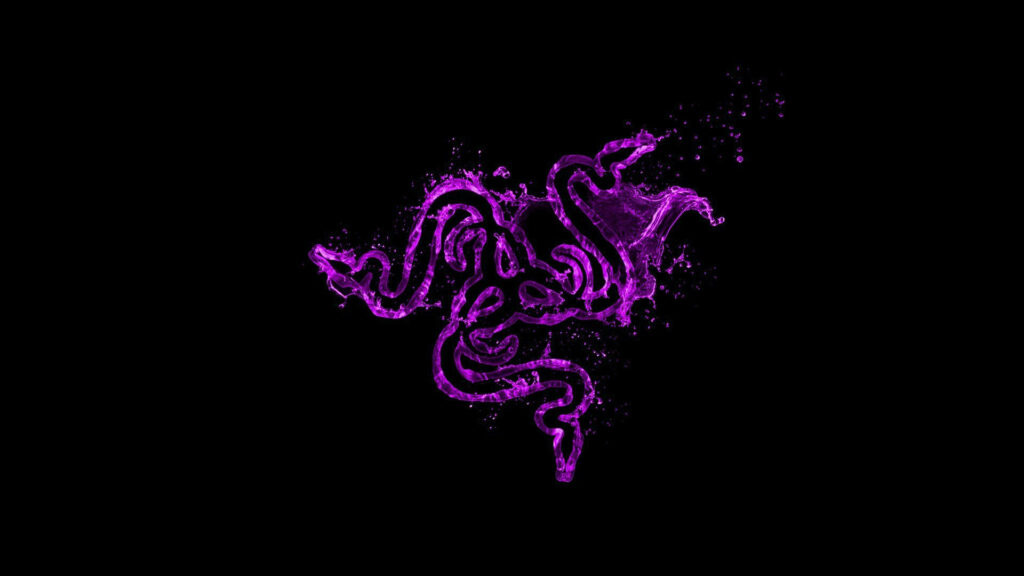 Purple Waterscape: Vibrant Razer PC Logo on Black Background Wallpaper
