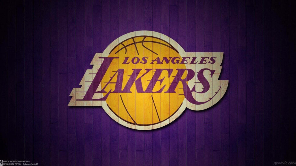 Purple and Yellow Power: Los Angeles Lakers Wallpaper in Vibrant Horizontal Lines Pattern