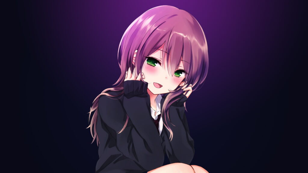 Anime girl with vibrant purple hair and green eyes in dark sweater on moody purple background Wallpaper