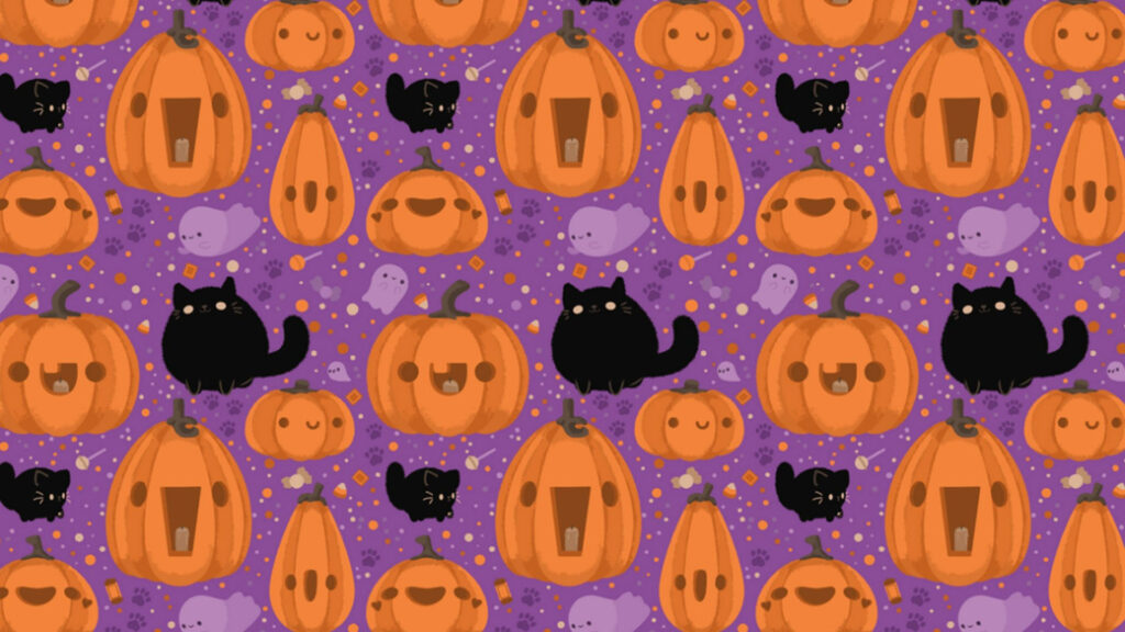 Purrfectly Adorable Halloween Delight: Whiskers and Smiles on a Purple Canvas Wallpaper