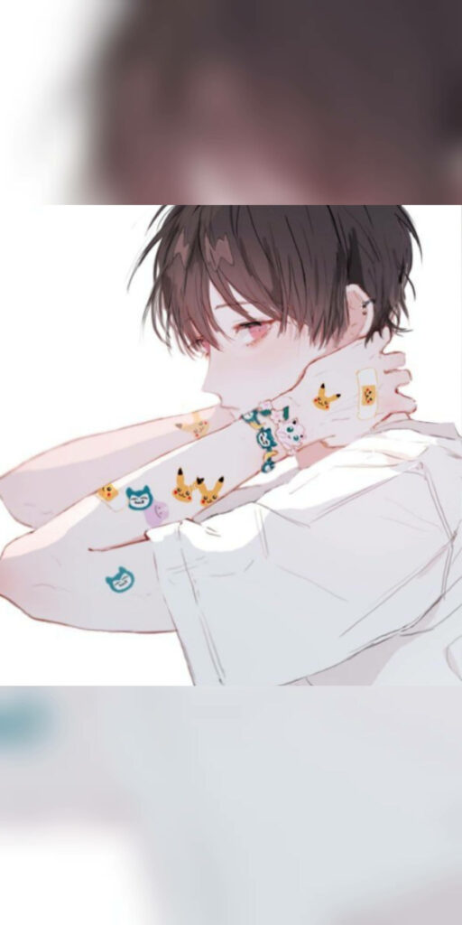 Cute Kawaii Vibes: A White T-shirt and Adorable Cat Stickers Adorn the Arm of an Aesthetic Anime Boy Wallpaper