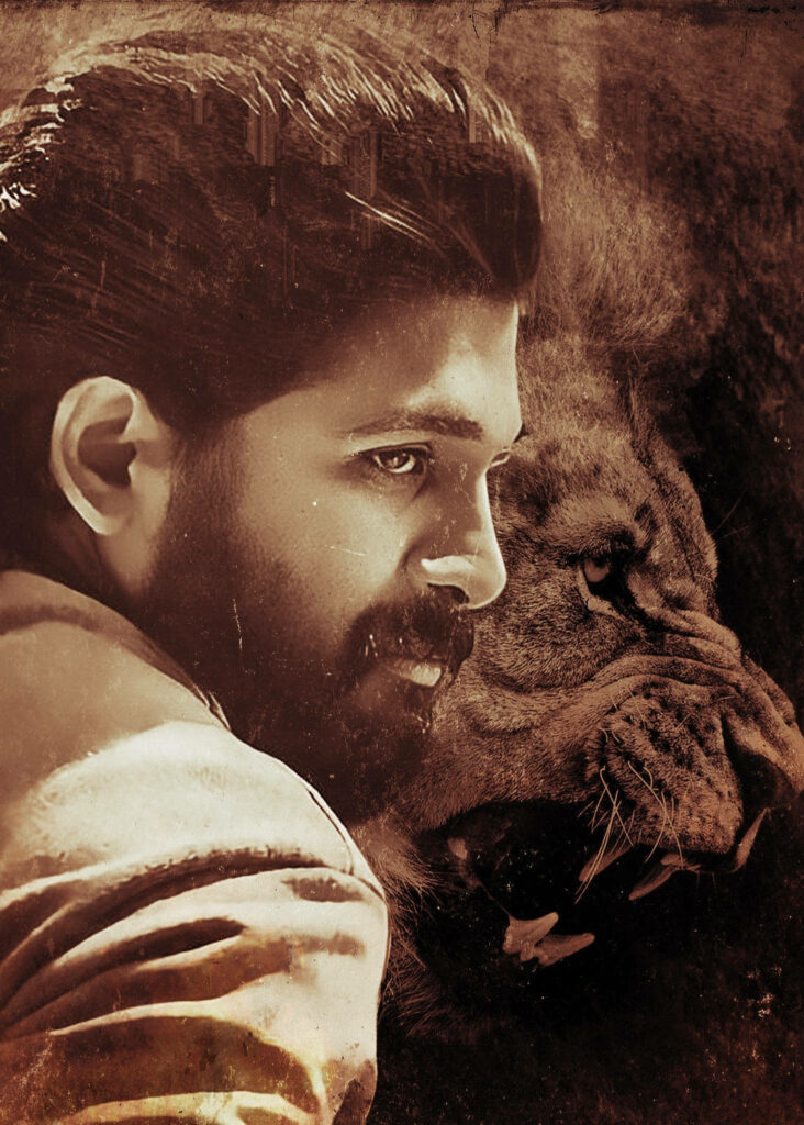 Pushpa Allu Arjun intense expression with powerful lion symbolizing strength wallpaper background