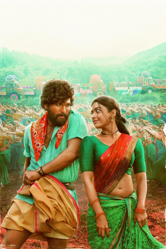 Pushpa Wife Srivalli wallpaper with Allu Arjun in traditional attire vibrant dancers colorful trucks