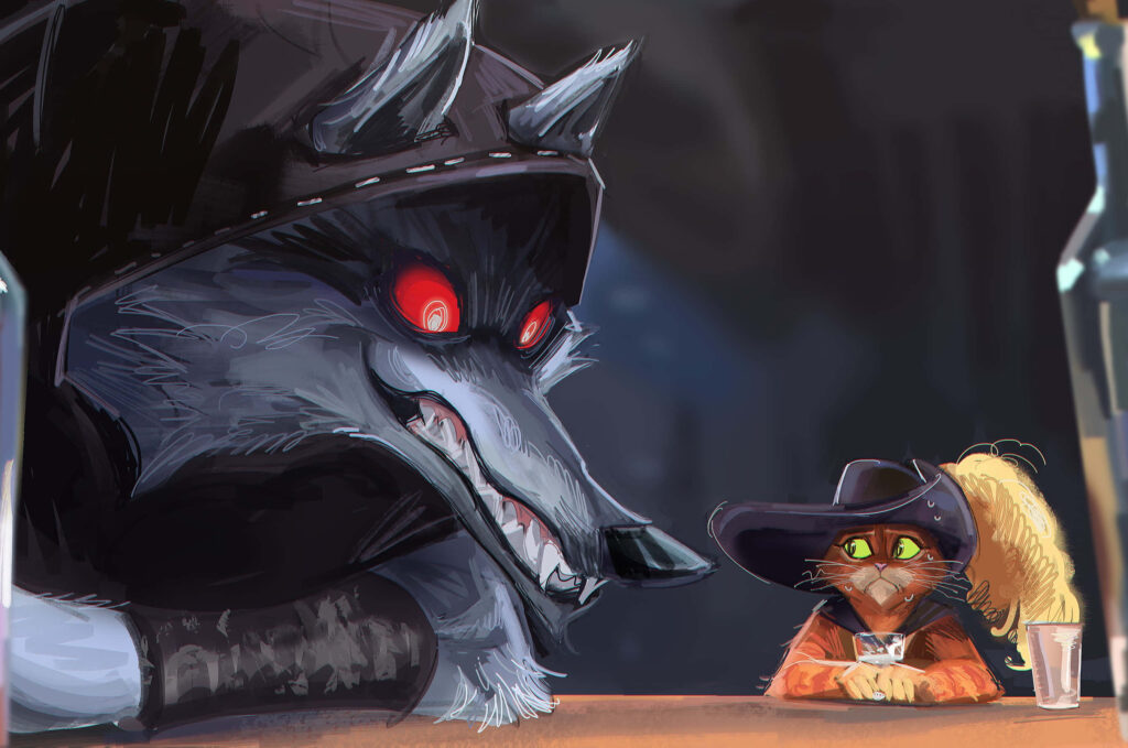 Puss in Boots intense showdown with Death wolf form dramatic dark moody wallpaper background