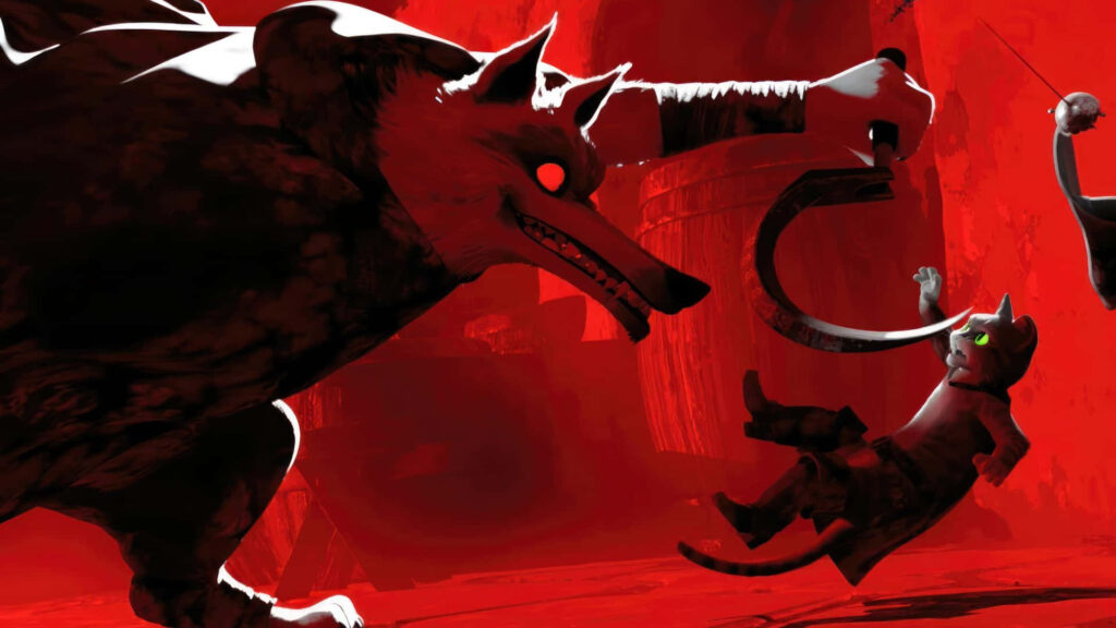 Puss in Boots faces Death as a wolf in intense red dramatic Last Wish wallpaper scene