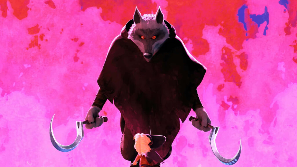 Dramatic Puss in Boots versus Death wolf with red eyes and sickles on vibrant pink background Wallpaper