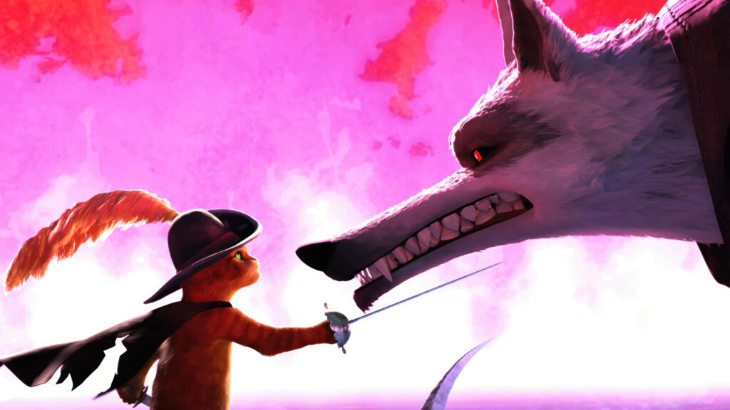 Puss in Boots confronts wolf Death with sword intense scene pink white backdrop wallpaper