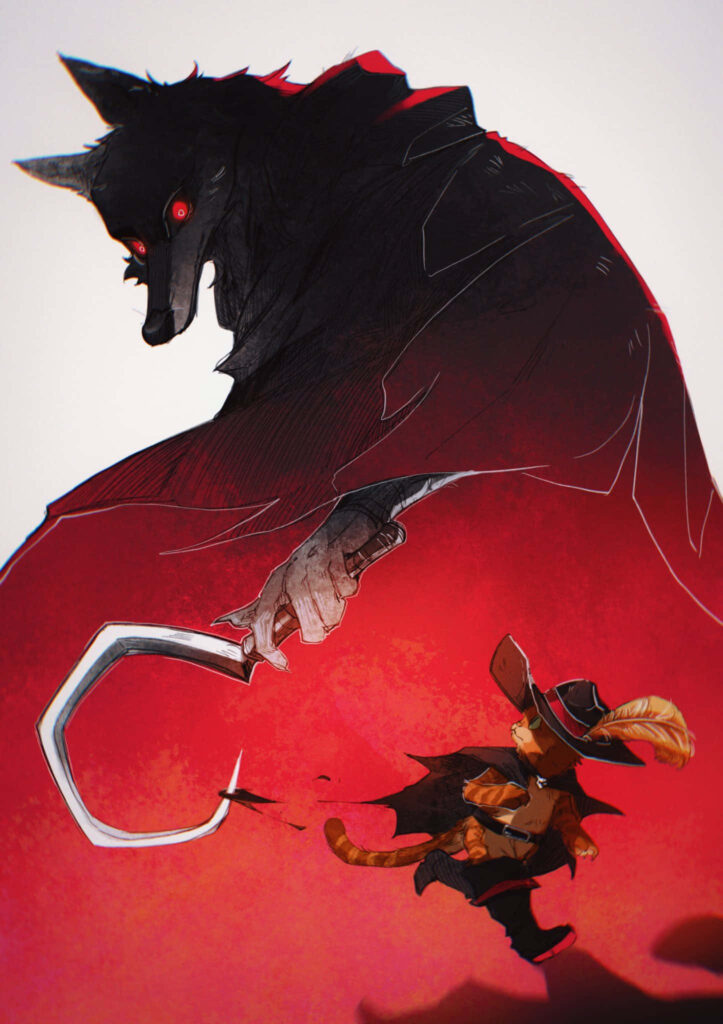 Puss in Boots facing Death with scythe dramatic red shadows animated wallpaper background