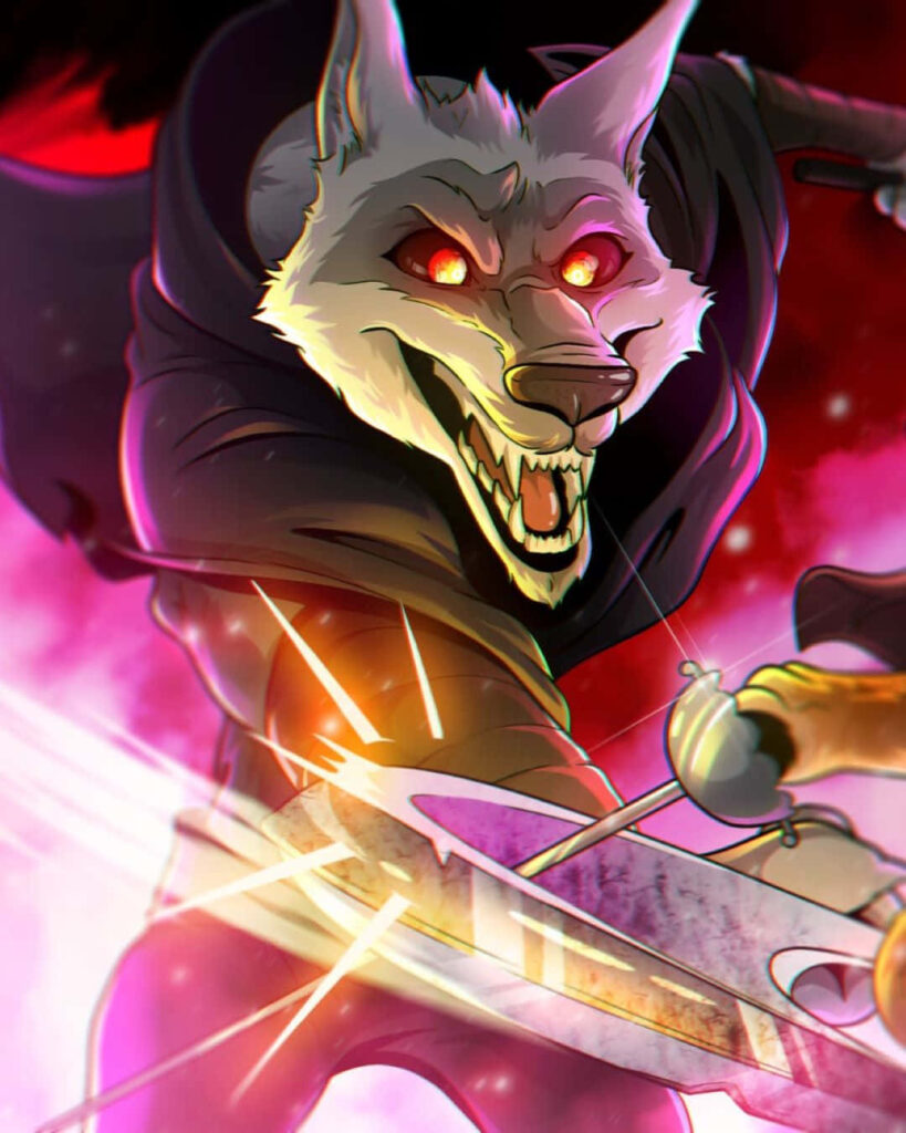 Puss in Boots battles Death wolf with neon colors and sharp animation style wallpaper background