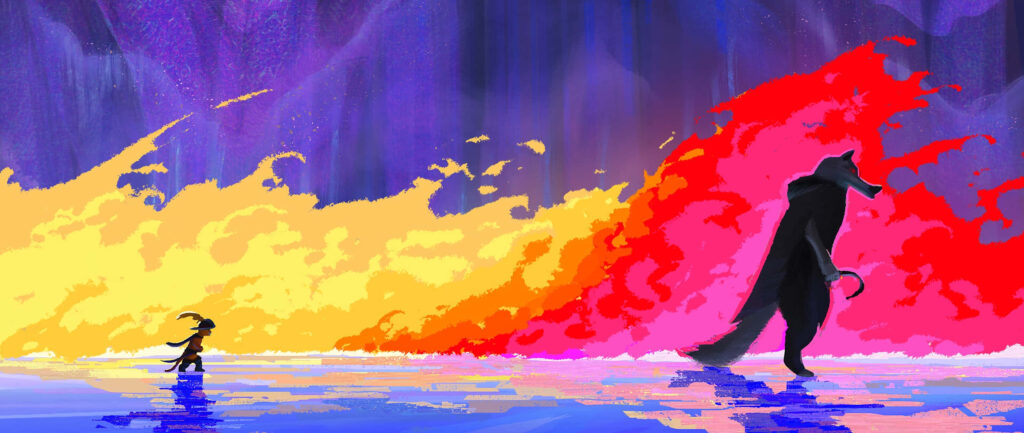 Puss in Boots faces wolf Death dramatic wallpaper vibrant fire and cool tones animated style