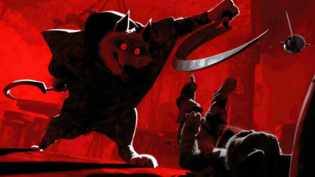 Puss in Boots faces Death as a menacing wolf in red black dramatic animated wallpaper background