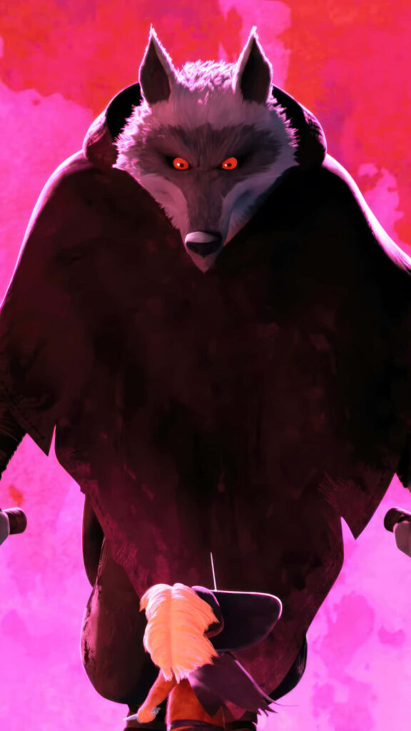 Puss in Boots facing Death the Wolf with glowing red eyes on dramatic pink and red wallpaper