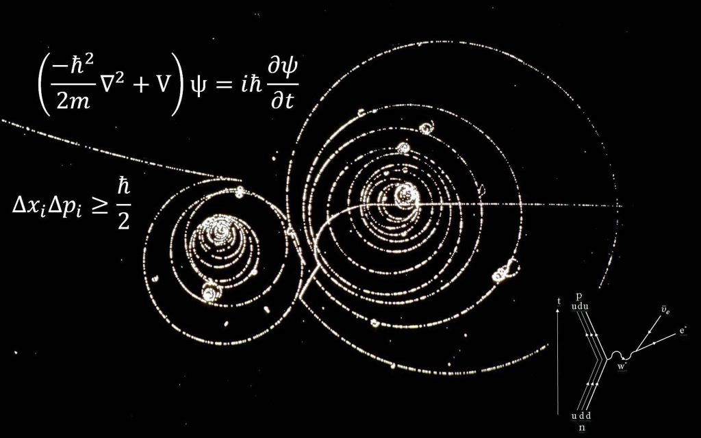 Quantum physics wallpaper with Schrödinger equation Heisenberg uncertainty and Feynman diagram