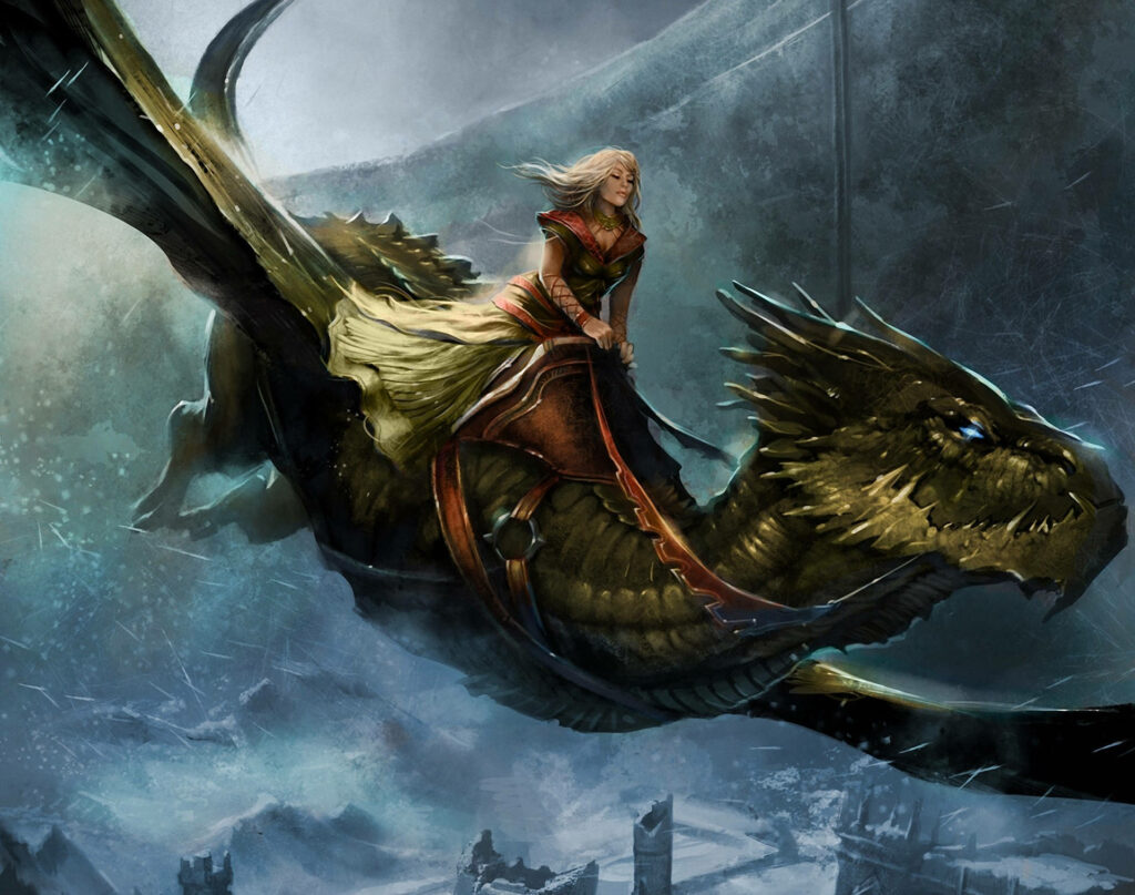 Queen Alysanne Riding Dragon - Atmospheric Game of Thrones Wallpaper