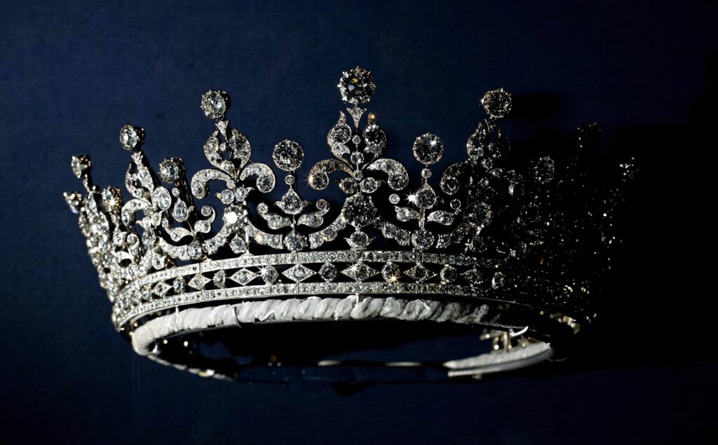Queen Elizabeth Wedding Crown wallpaper sparkling diamonds intricate metalwork regal luxury background