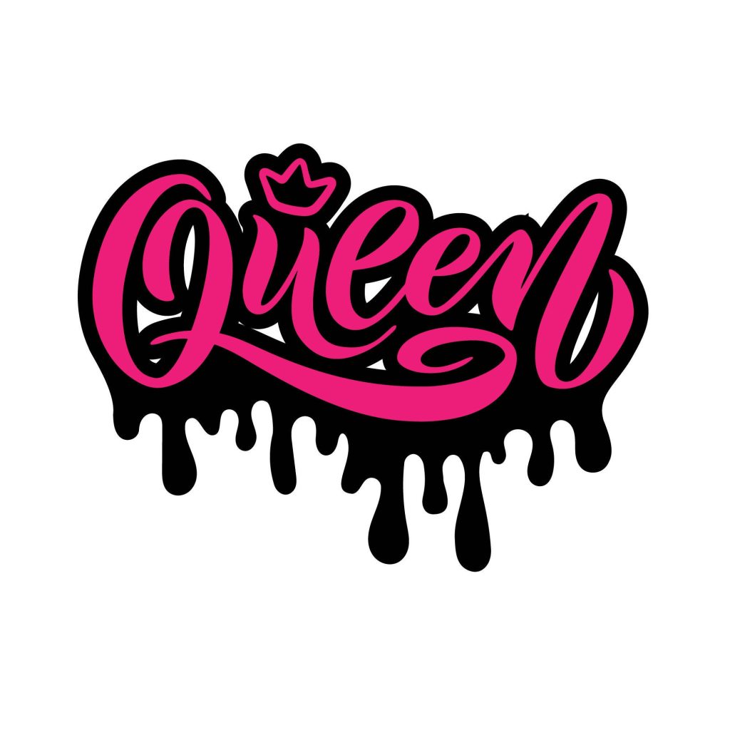 Vibrant Queen wallpaper with bold pink typography crown on black background melting drip effect