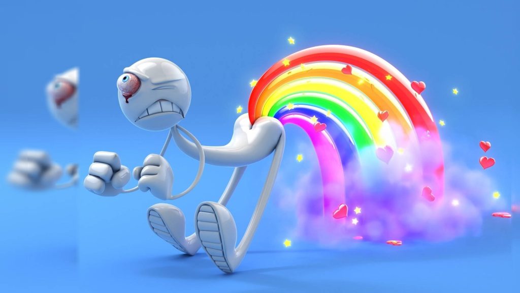 Quirky 3D cartoon character with bulging eye emits rainbow mist stars hearts desktop wallpaper