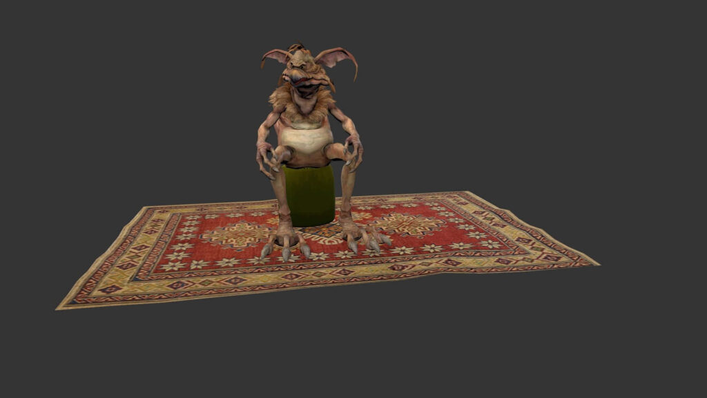 3D Quirky Creature on Green Chair - Ornate Rug & Grey Background Wallpaper
