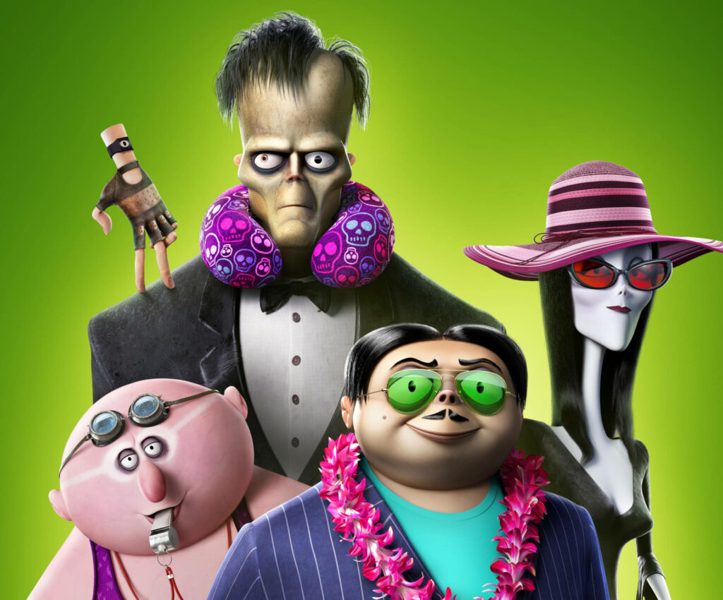 Quirky Addams Family 2 Characters on Vibrant Green Wallpaper