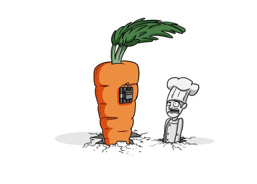 Cartoon chef beside giant carrot with safe bold outlines minimal colors playful wallpaper background