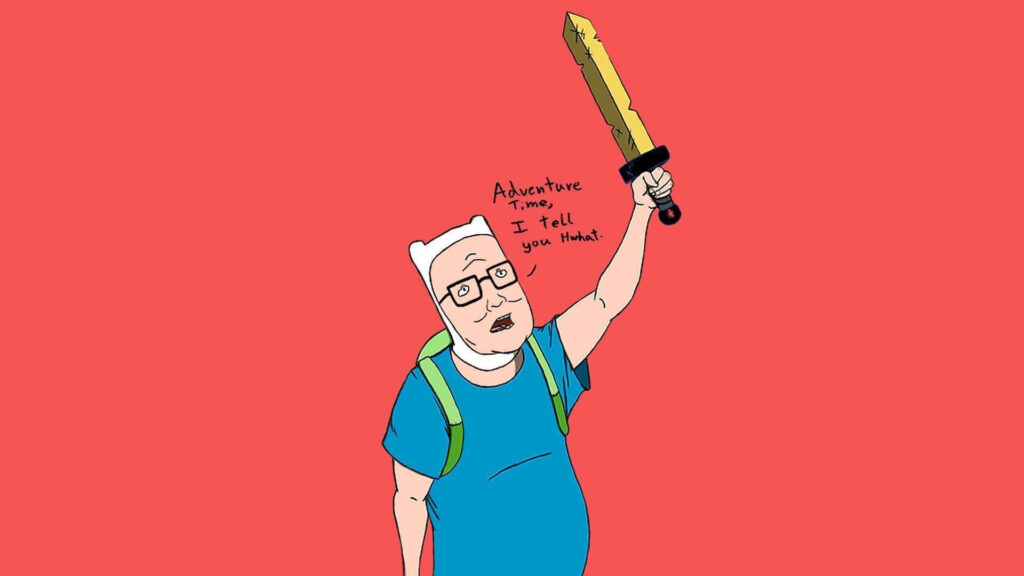 Quirky Finn from Adventure Time holding golden sword on plain red background wallpaper
