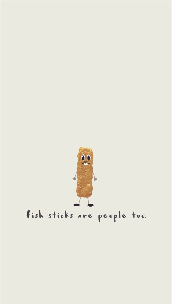 Minimalist digital illustration of quirky breaded fish stick with buck teeth and funny caption Wallpaper