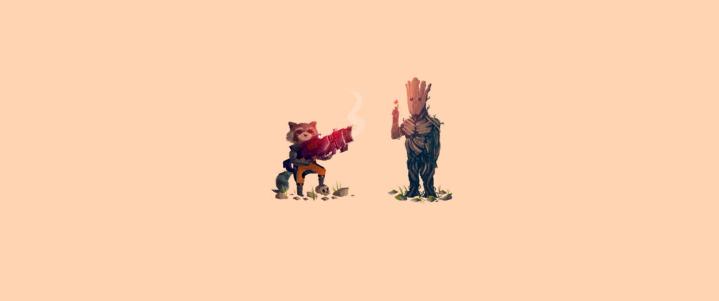 Quirky Minimalistic Wallpaper: Raccoon & Tree Character on Beige