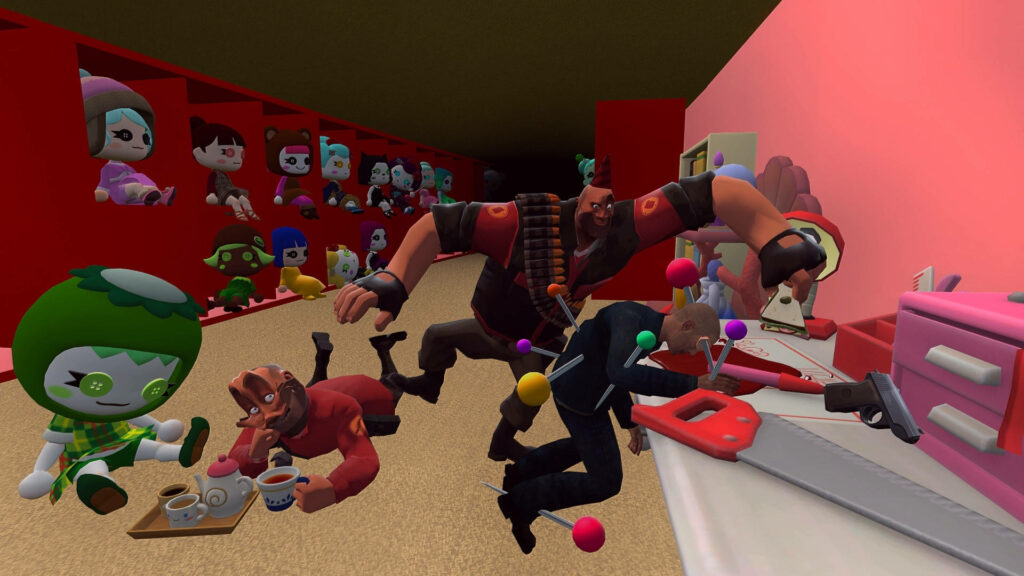 Quirky Toy Haven: A Surrealistic Snapshot of a Coffee-Drinking Man amidst a Pin-Studded Manager Wallpaper