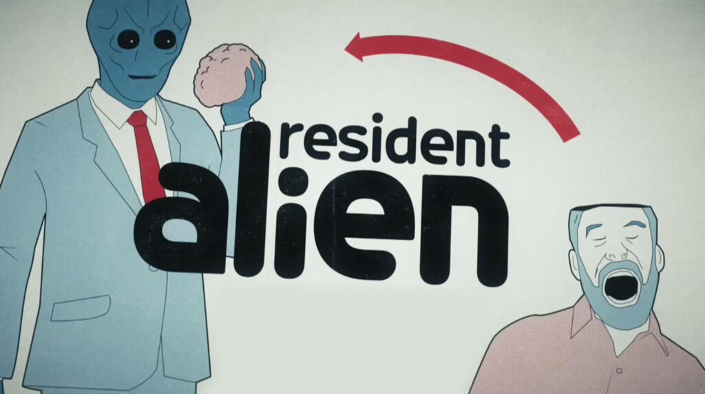 Quirky Resident Alien Cartoon Art: Humorous Wallpaper with Brain