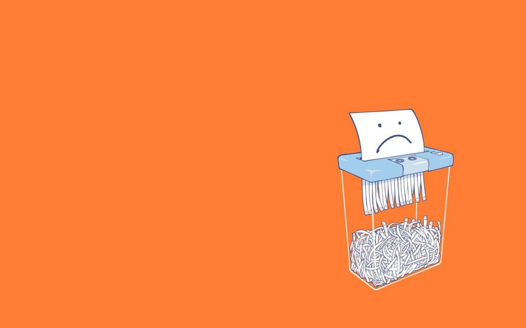 Minimalist digital wallpaper with quirky sad document and blue shredder on orange background
