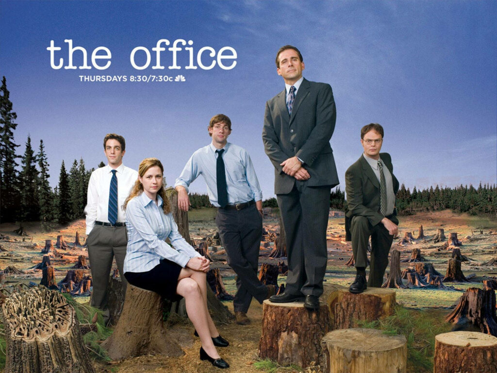 The Office Season 4 Promo Poster: Quirky Cast Among Tree Stumps Wallpaper