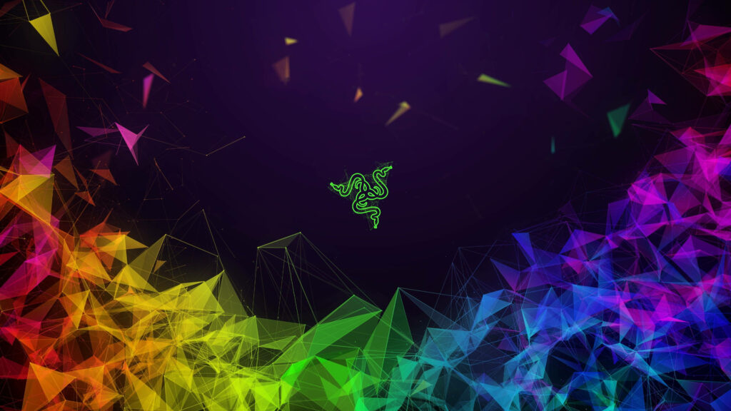 4K Razer wallpaper with three-headed snake logo vibrant RGB geometric shards digital gaming background