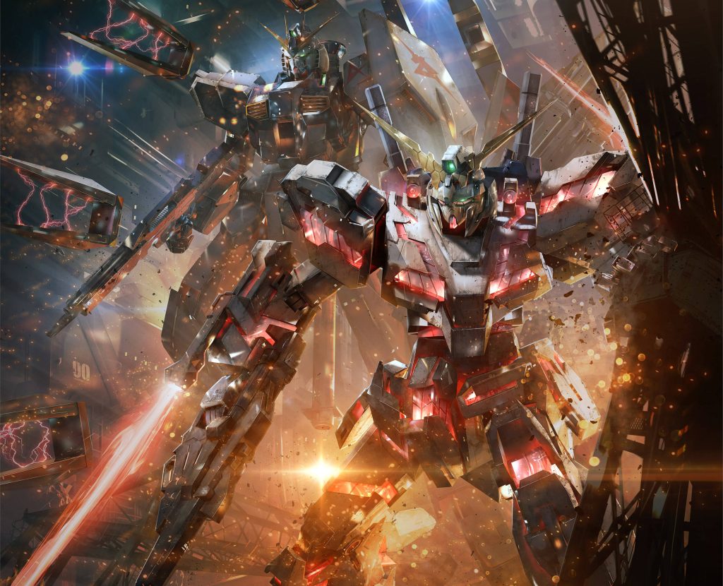 RX-0 Unicorn Gundam and RX-93 ν Gundam glowing red psycho-frames battle in industrial debris wallpaper