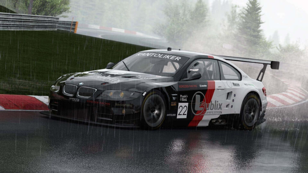 Race car speeding on wet forest track in heavy rain intense racing action wallpaper background