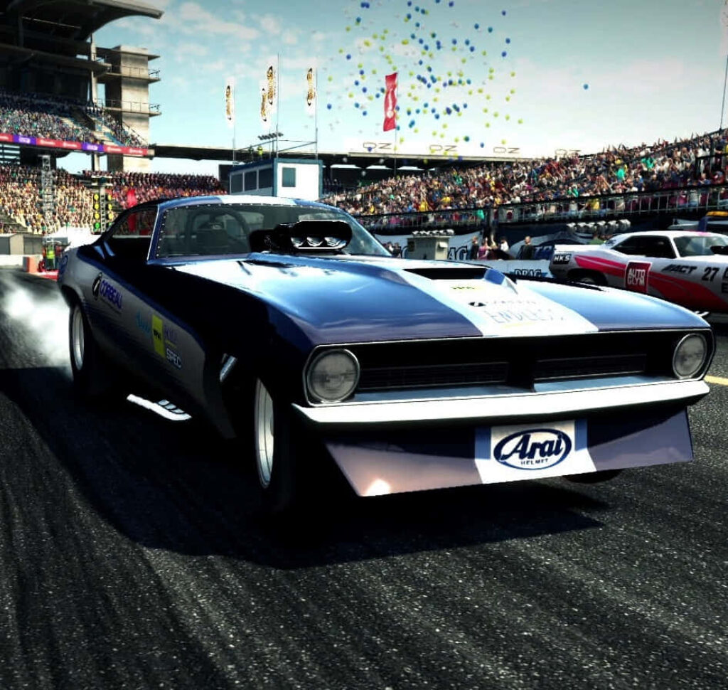 Grid Autosport wallpaper: Muscle car speeding on track with cheering crowds and confetti - intense motorsport atmosphere