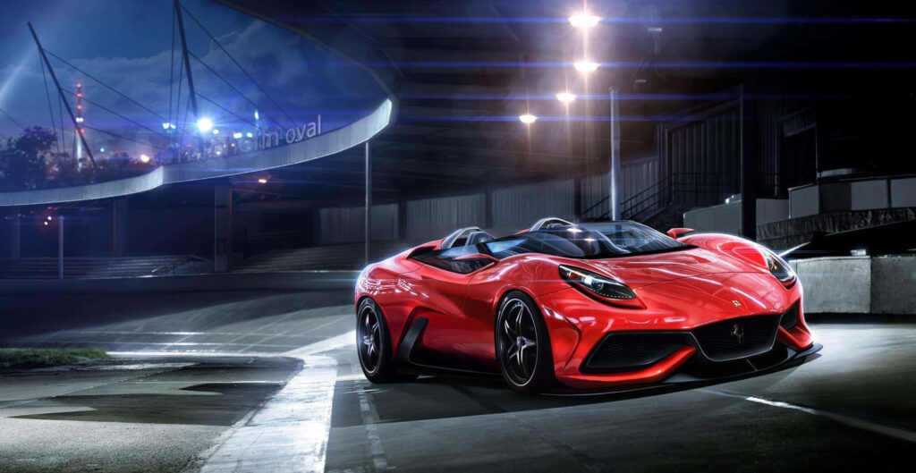 Breathtaking Nighttime Race Track: Captivating Red Ferrari as the Star Desktop Background Wallpaper