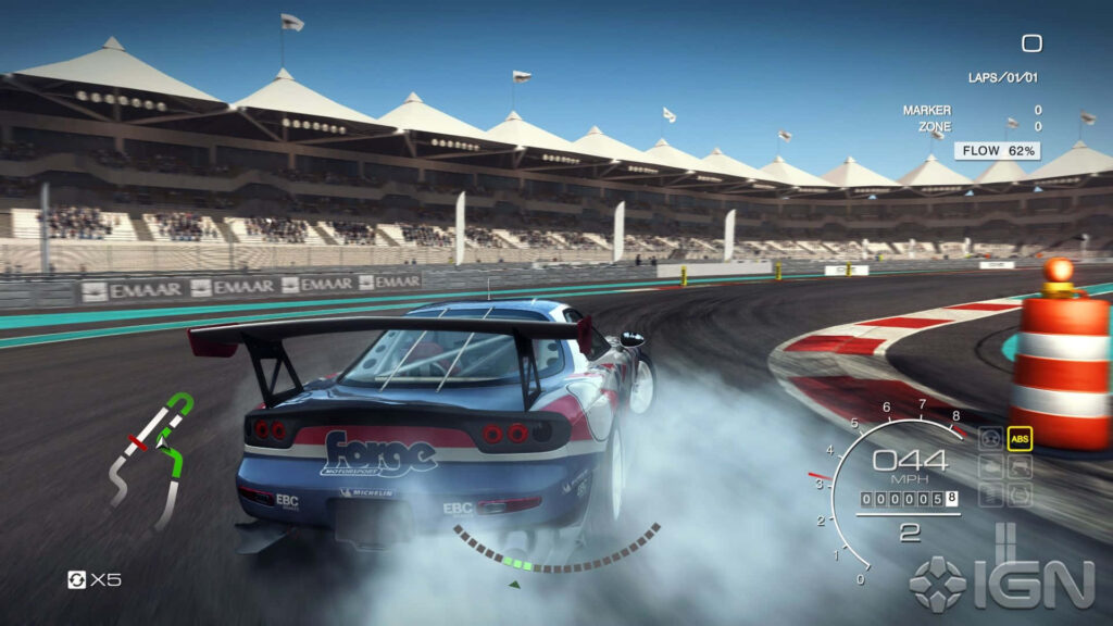Intense drifting action in Grid Autosport - High-speed race car on sharp corner with tire smoke, stadium backdrop Wallpaper