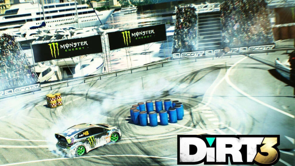 Dirt 3 Rally Car Drifting Around Sharp Corner in Action-Packed Scene Wallpaper