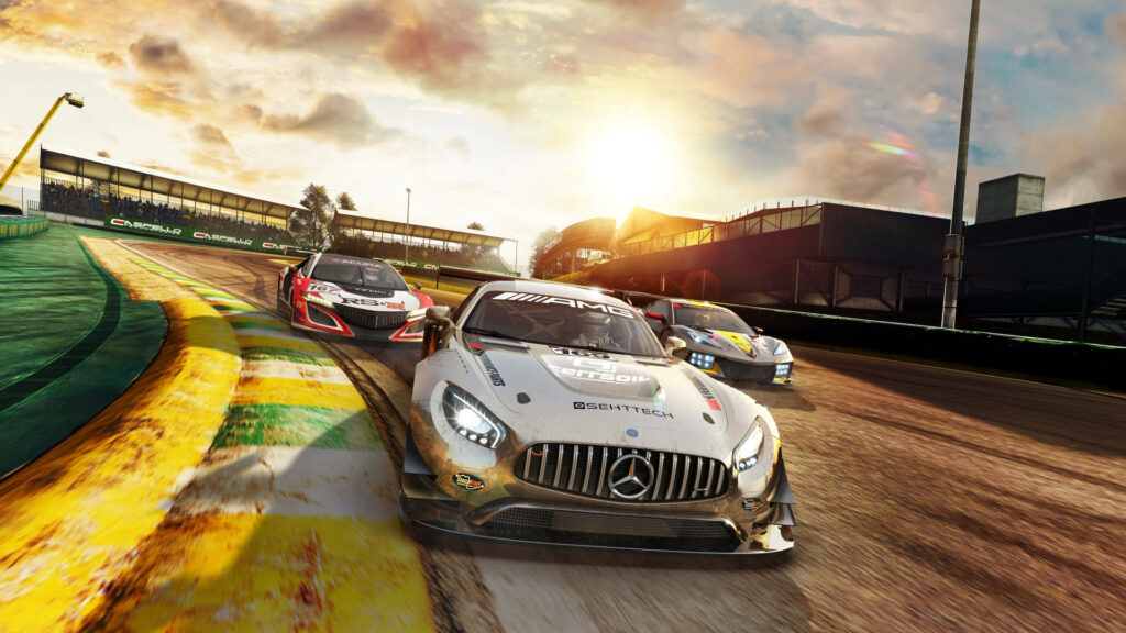 Revved Up Rivalry: A Project Cars 3 Showcase of White, Red, and Yellow Competing Vehicles Wallpaper