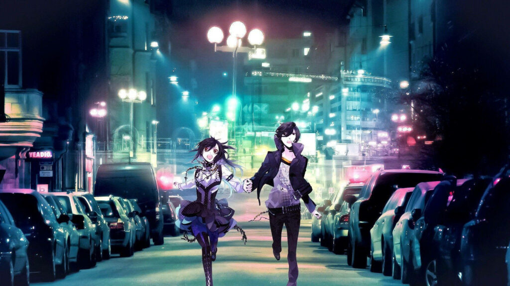 Midnight Escape: Stunning Aesthetic Anime Couple Running down the Street - Wallpaper