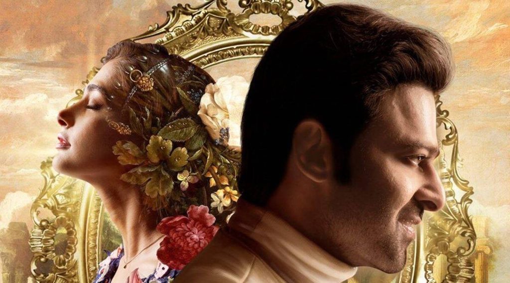 Romantic Radhe Shyam poster with Prabhas Pooja Hegde golden frame sunset lighting wallpaper