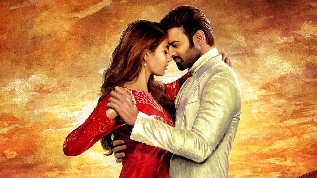 Radhe Shyam wallpaper Prabhas cream suit Pooja Hegde red dress sunset romantic embrace digital art