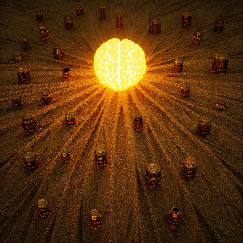 Glowing 3D Brain Wallpaper with Radiant Light Beams - 2160x2160