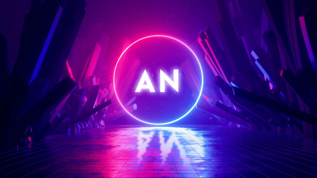 Futuristic CGI wallpaper glowing AN letters neon circle purple blue abstract crystals background