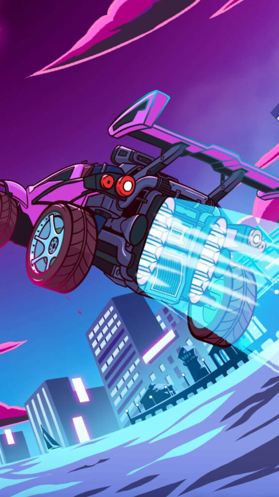 Purple Octane Skies: A Dynamic Android Rocket League Game Visual with Electric Blue Engine Lights Wallpaper